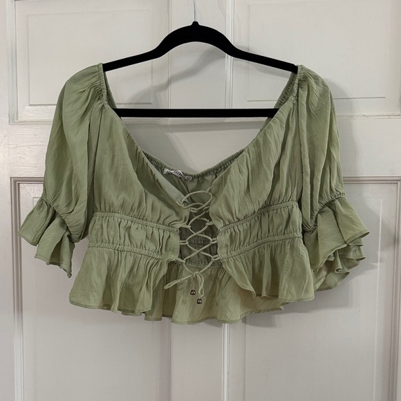 Chic Sage Lace-Up Blouse - Picture 1 of 5